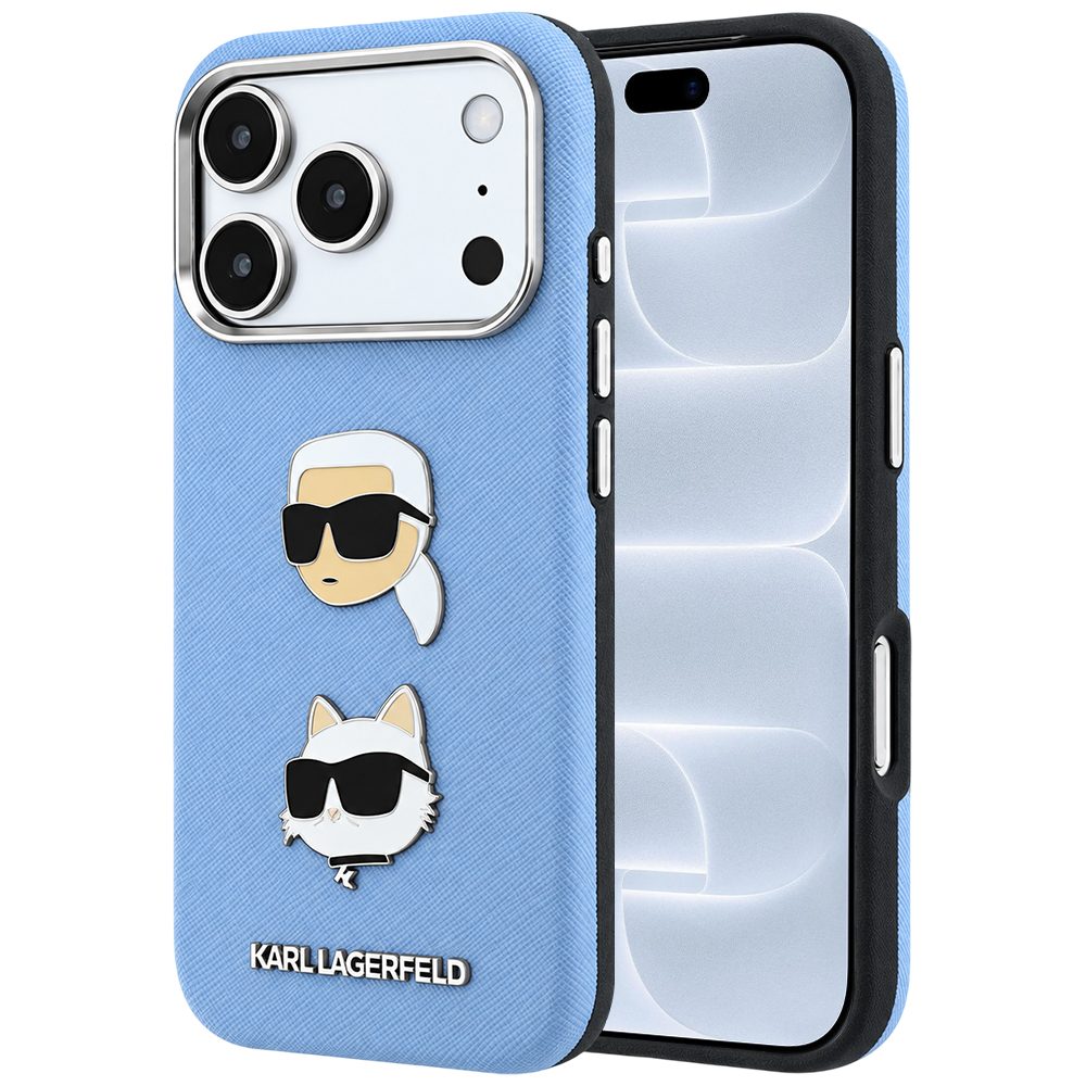 Husa pentru Apple iPhone 18 Pro / 17 Pro, Karl Lagerfeld, Saffiano with Karl & Choupette Head's Pin and Logo, Bleu