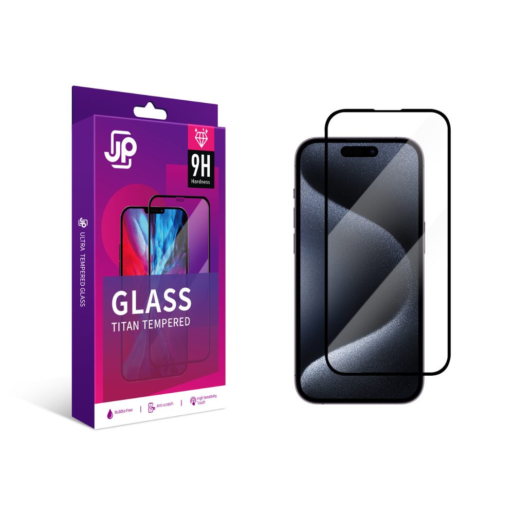 JP Titan extra tartós edzett üveg, iPhone 15 Plus / 16 Plus, fekete