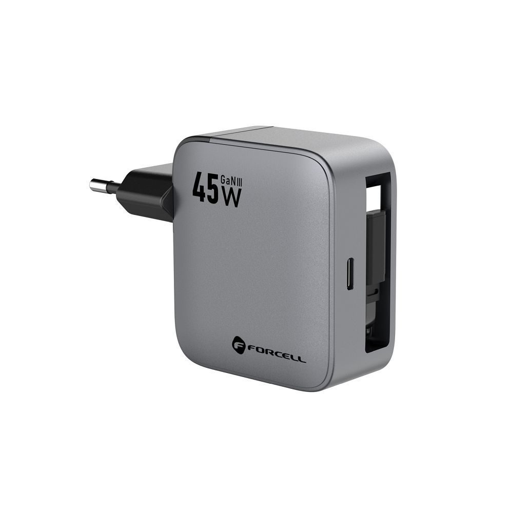 Forcell F-Energy USB-C töltő + feltekerhető USB-C kábel, PD, QC4.0, 3A, 45W, szürke