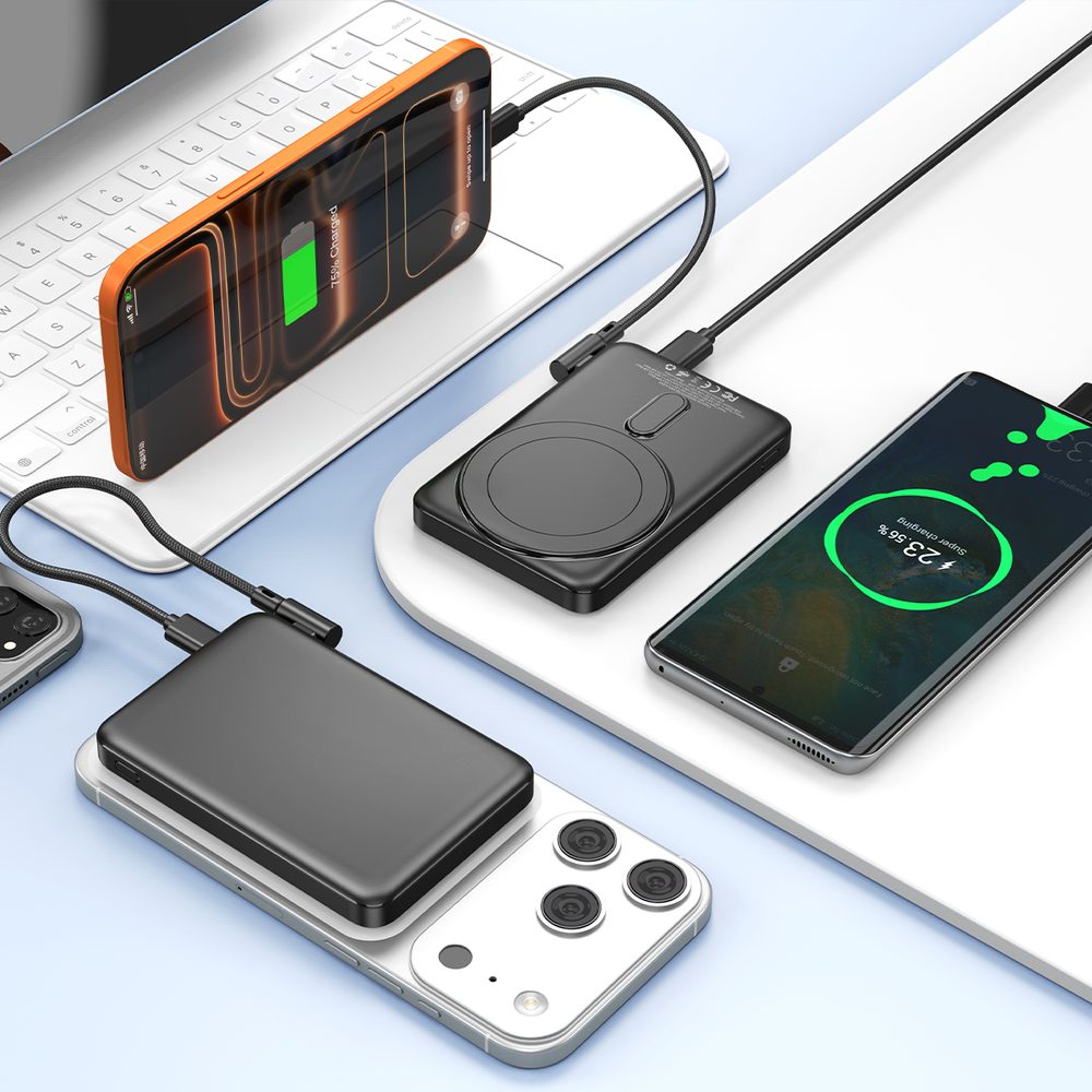 Ultra tenká MagSafe powerbanka s bezdrôtovým nabíjaním 20W, LED displej, 5000 mAh, oranžová