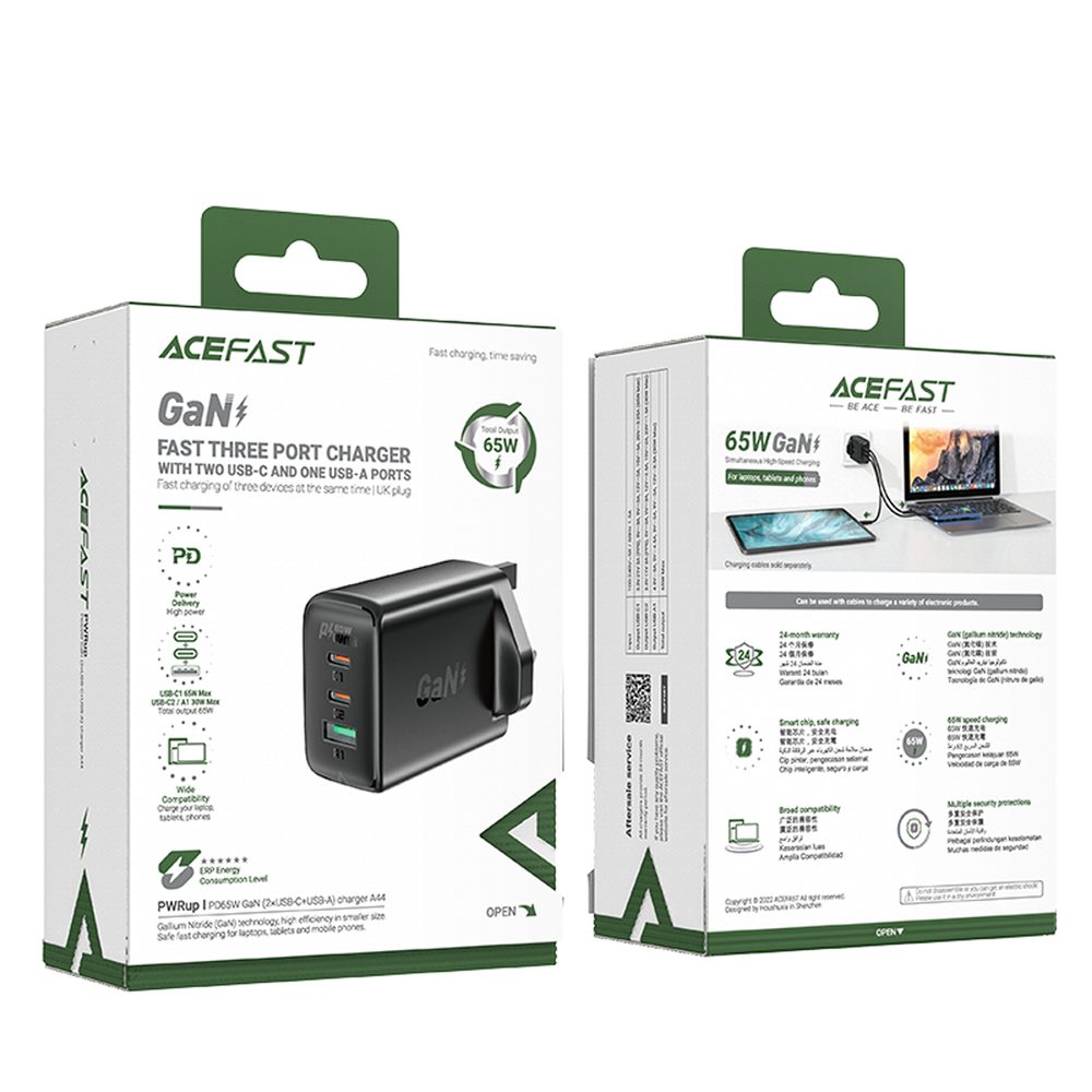 Acefast Polnilnik GaN 65 W 3 Vrata (1x USB, 2x USB-C PD) UK Vtič, črn (A44)