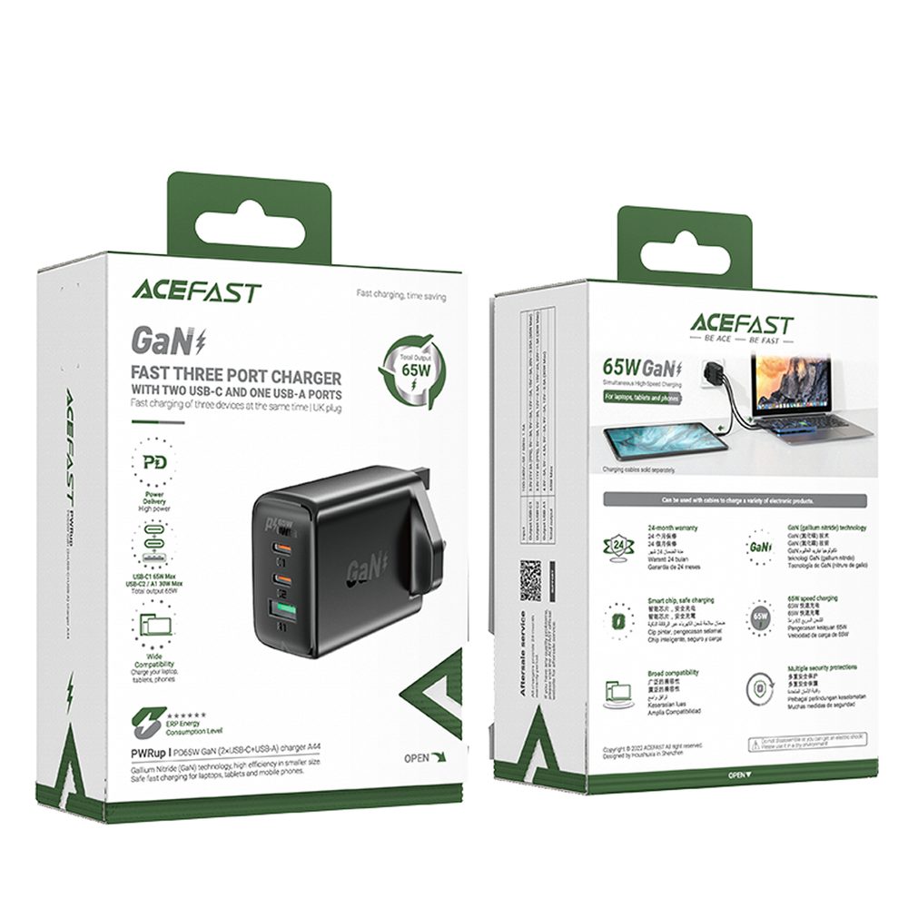 Acefast Nabíjačka GaN 65W 3 Porty (1x USB, 2x USB-C PD) UK Plug, čierna (A44)