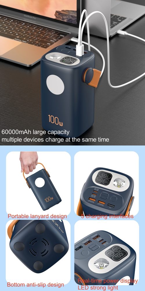 Powerbanka pre notebooky a outdoor 60 000 mAh, 100W + 30W PD, silné LED svetlo, biela