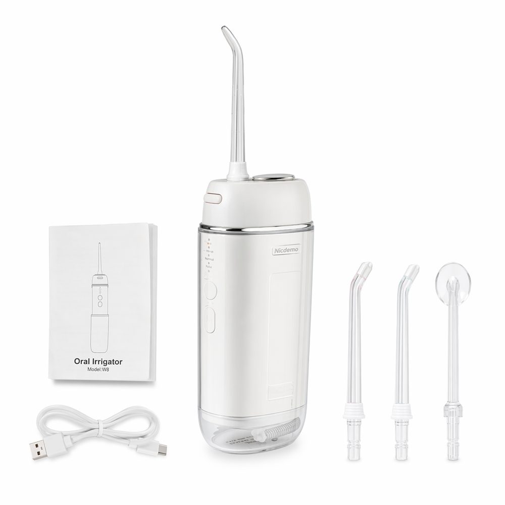Prijenosni oralni tuš W8 s 4 načina rada, 190 ml, IPX7, 1400 mAh, 4 nastavka, bijeli