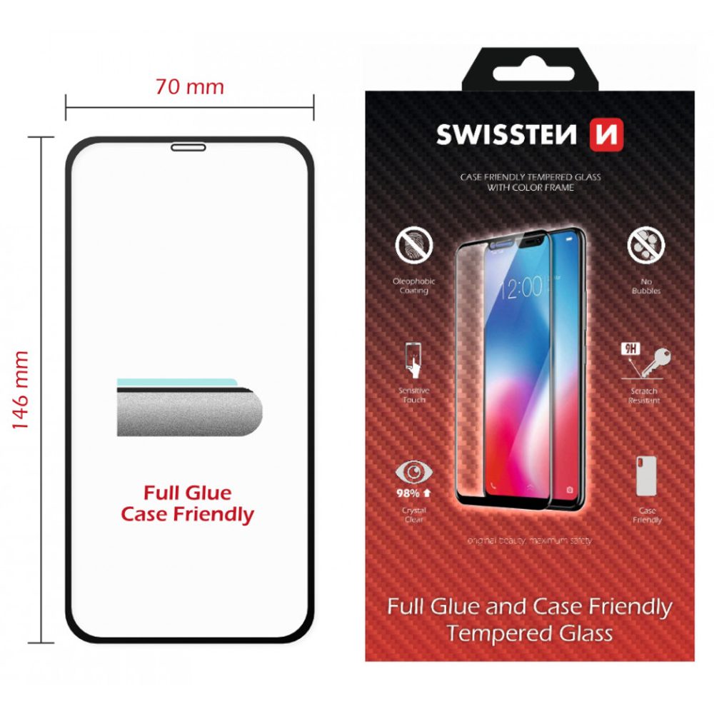 Swissten Full Glue, Color Frame, Case Friendly, Védő Edzett üveg, Apple IPhone 11, Fekete