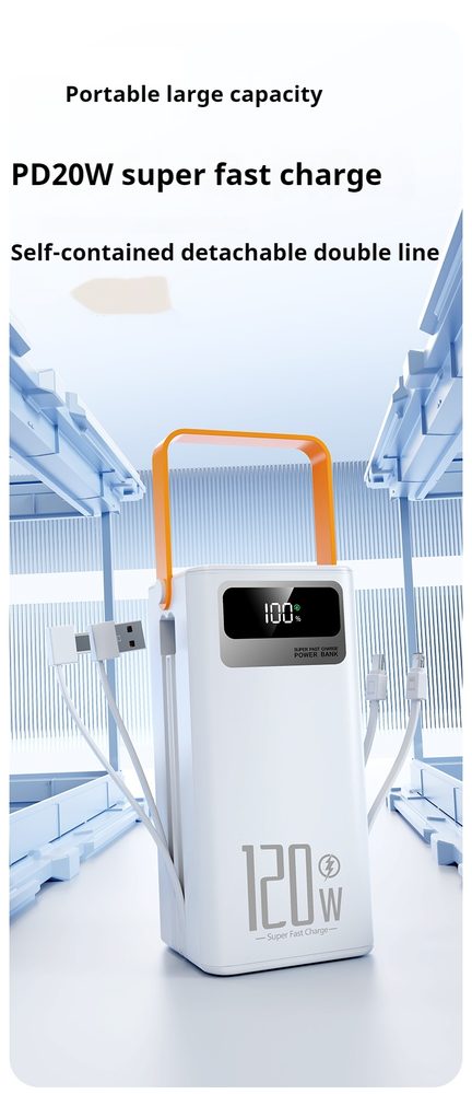 Powerbanka 80 000 mAh, 120W PD + QC, 4 USB + 2 káble, LED svetlo, biela