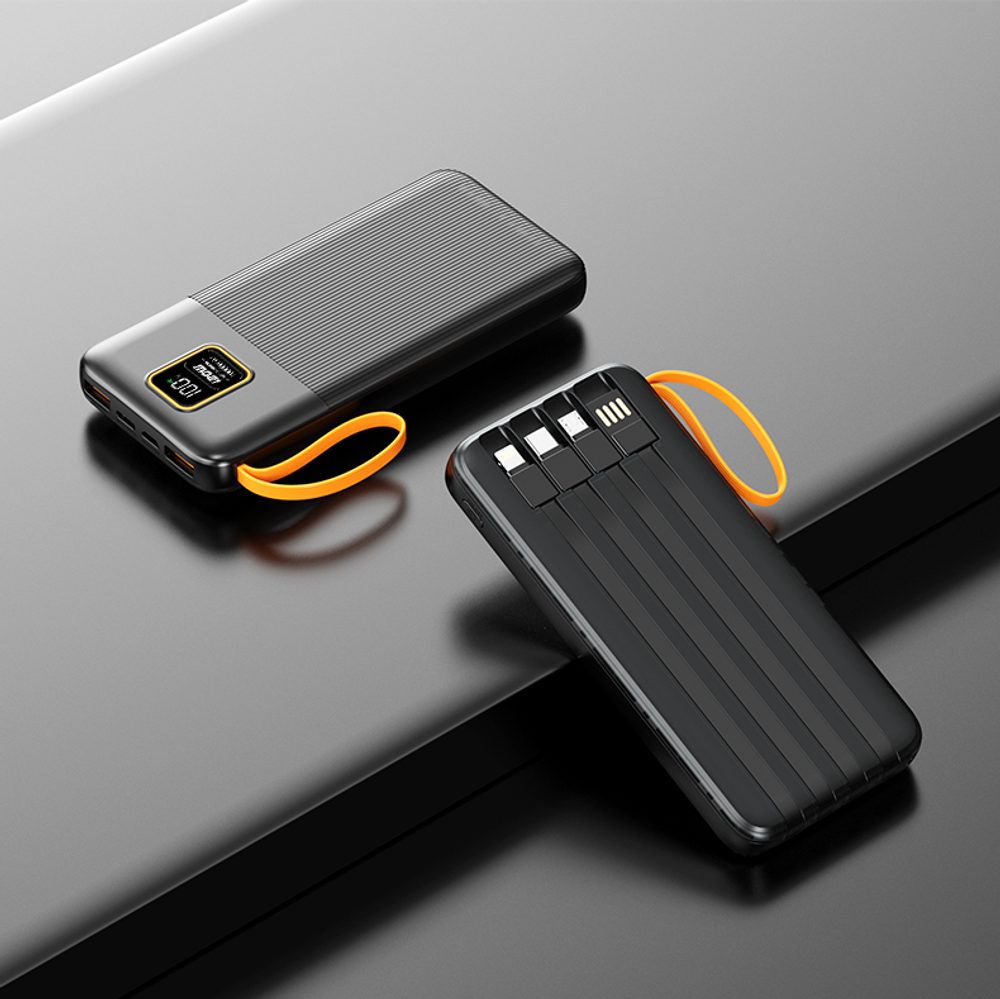 Powerbanka 20000mAh so 4 vstavanými káblami, 2x USB-A, 1x USB-C, PD 22,5 W, QC 3.0, LED displej, čierna