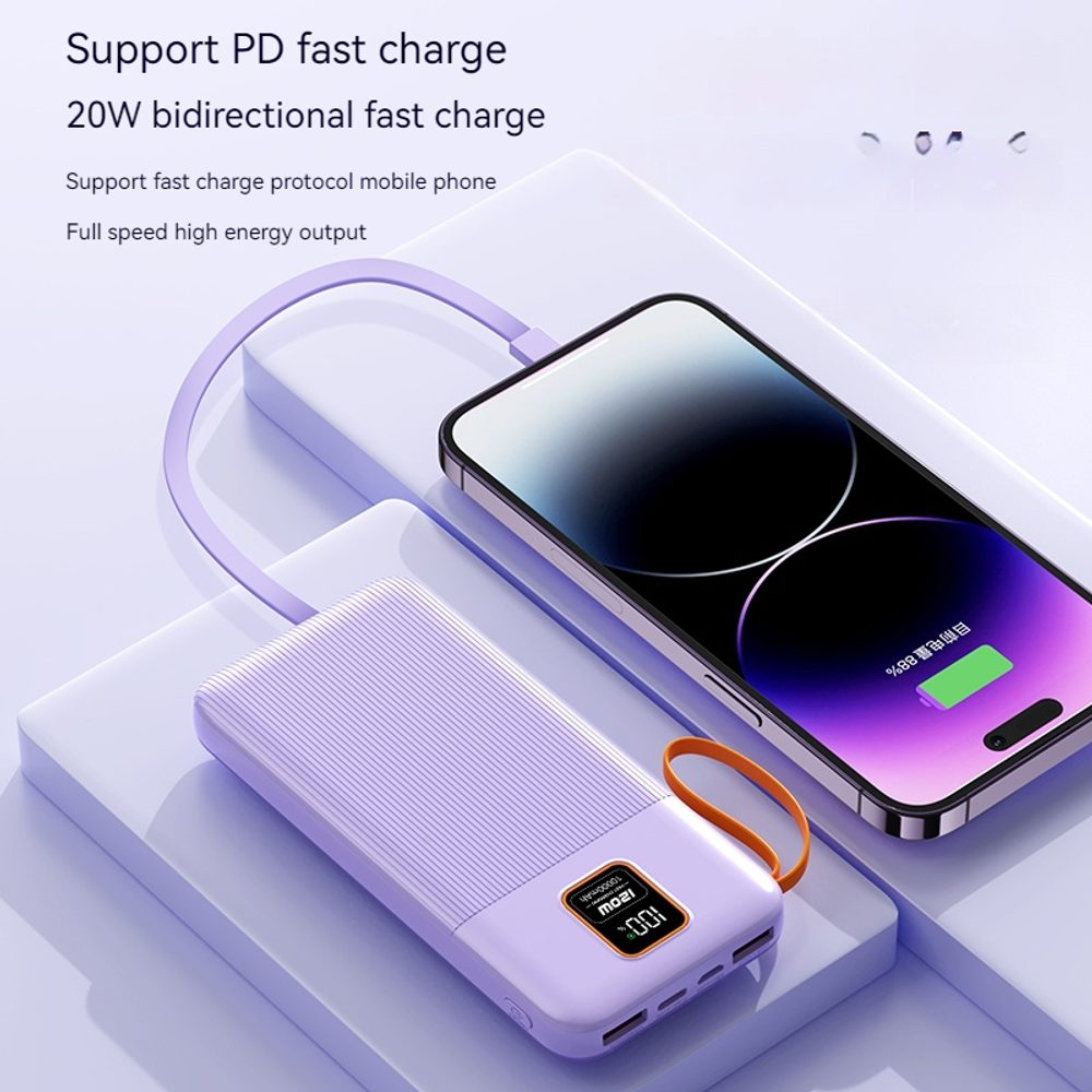 Powerbanka 20000mAh so 4 vstavanými káblami, 2x USB-A, 1x USB-C, PD 22,5 W, QC 3.0, LED displej, biela