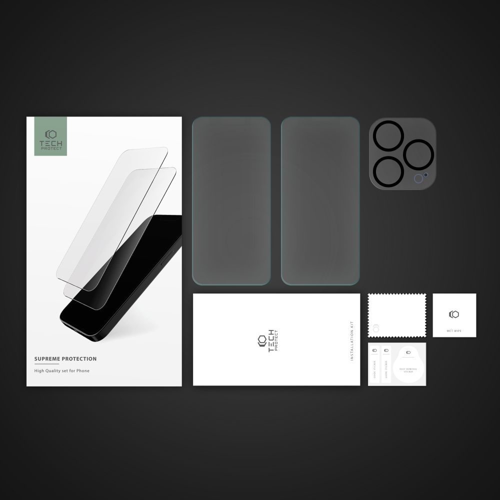Tech-Protect Supreme Készlet, 2 Edzett üveg + Lencse üveg, IPhone 15 Pro Max