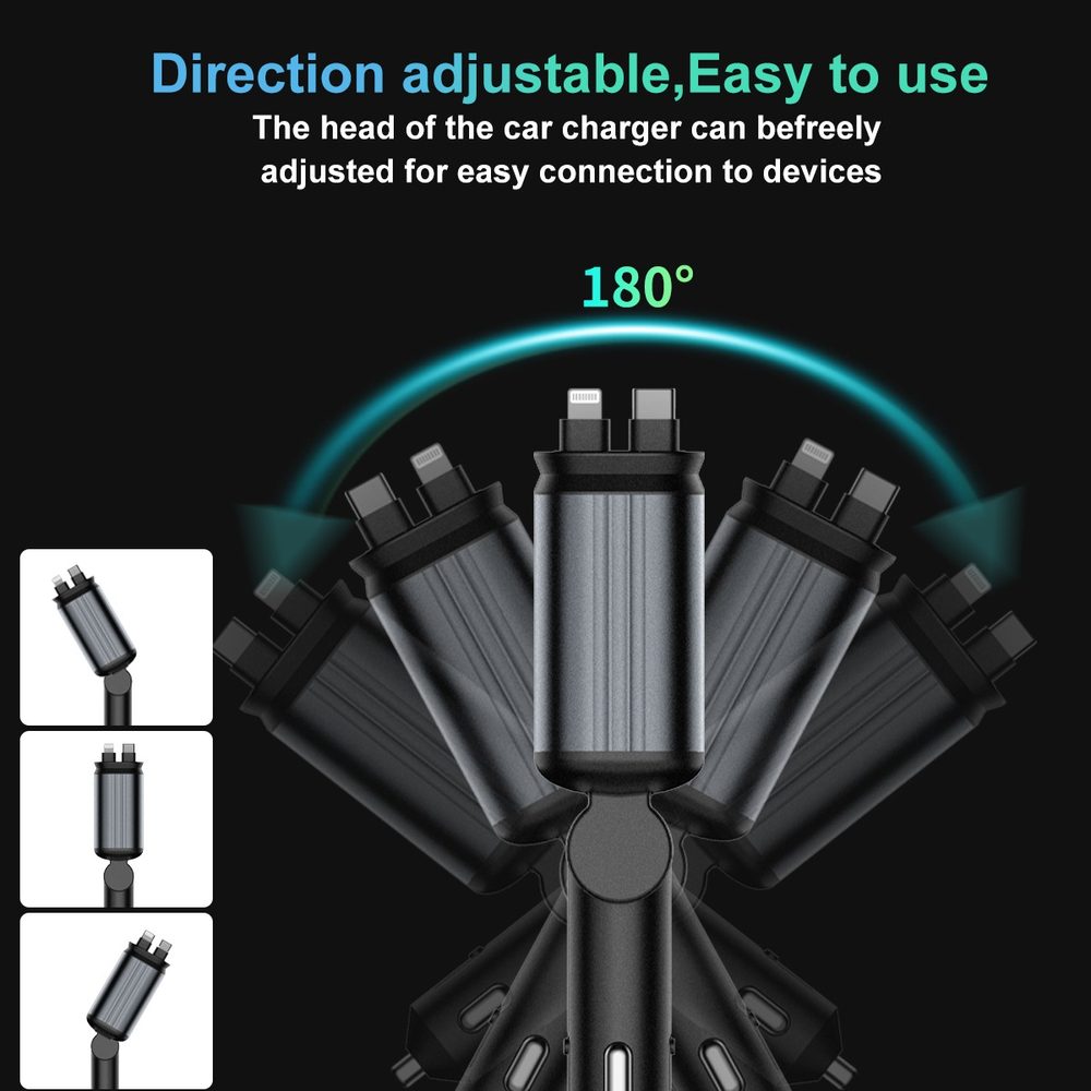 Nabíjačka do auta 4v1 s 2 výsuvnými káblami USB-C + Lightning, PD, QC 3.0, sivá