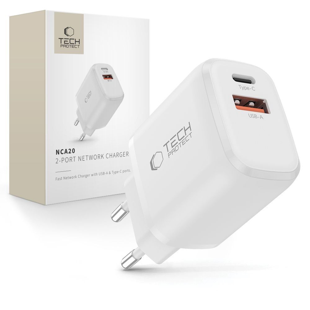 Tech-Protect NCA20 2 portos hálózati töltő PD 20W / QC3.0, fehér