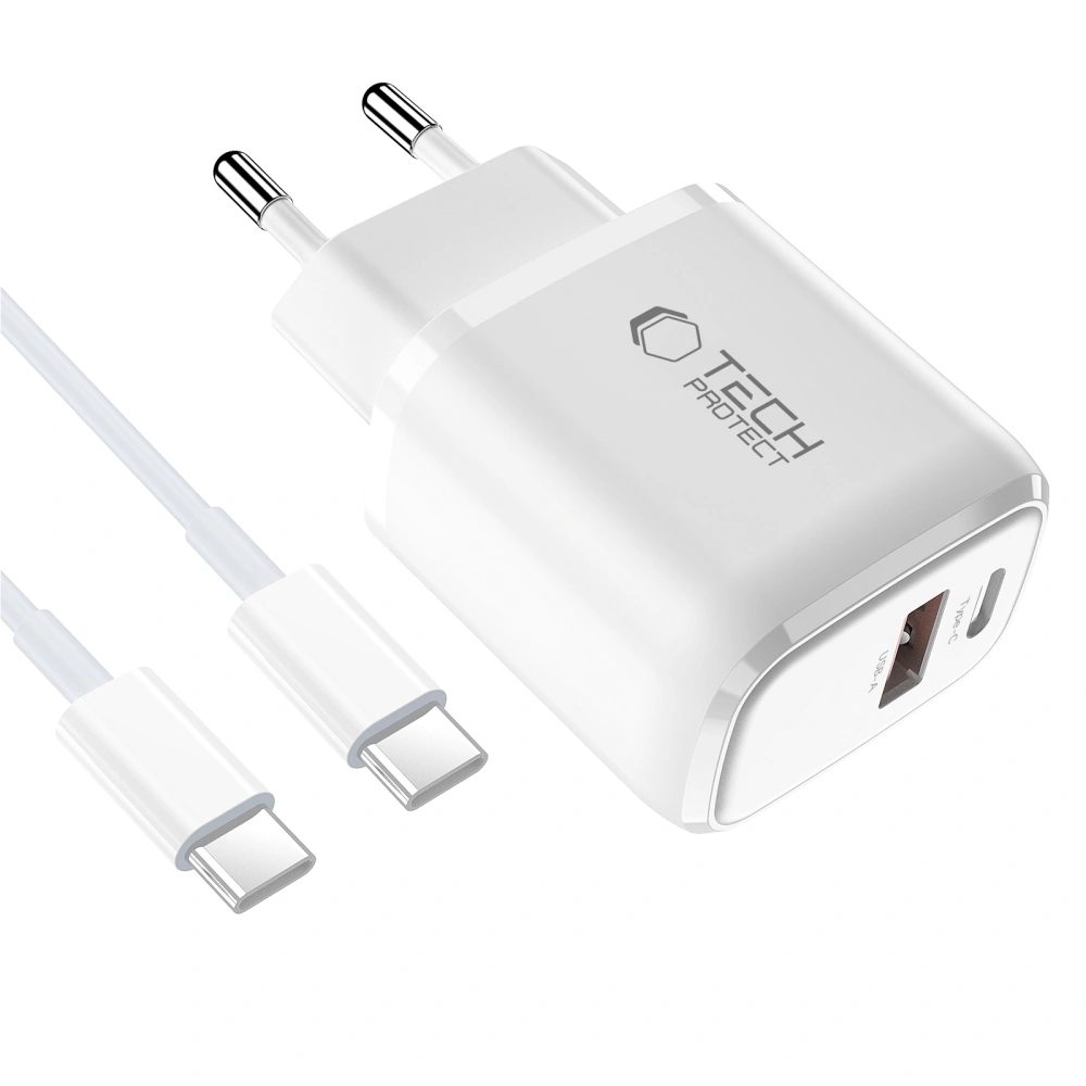 Tech-Protect NCA20 2-portová sieťová nabíjačka PD 20W / QC3.0 + kábel USB-C, biela