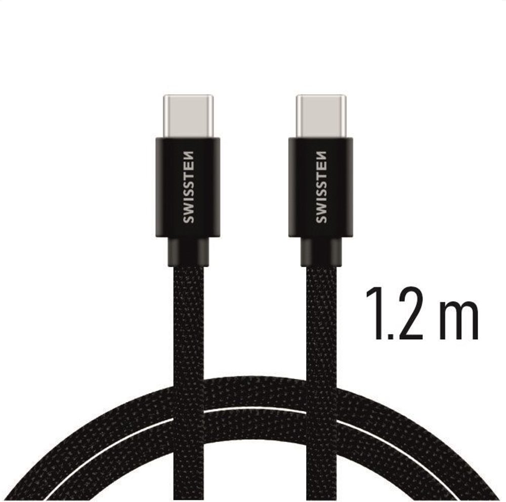Swissten Adatkábel Textil, USB-C / USB-C, 1,2m, Fekete