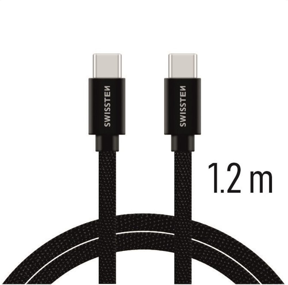 Cablu De Date Textil Swissten, USB-C / USB-C, 1,2 M, Negru