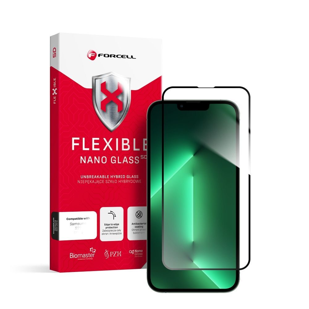 Folie de sticlă securizată hibrid Forcell Flexible 5D Full Glue, iPhone 13 / 13 Pro / 14 / 16e / 17e, neagră