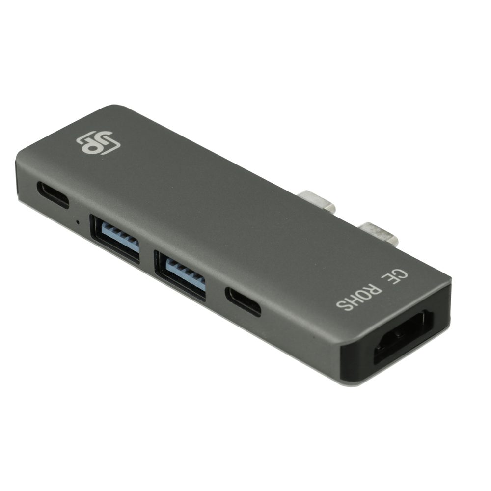 JP Hub 5v2, 2x USB-C na 2x USB 3.0 / HDMI / 2x USB-C PD, sivý