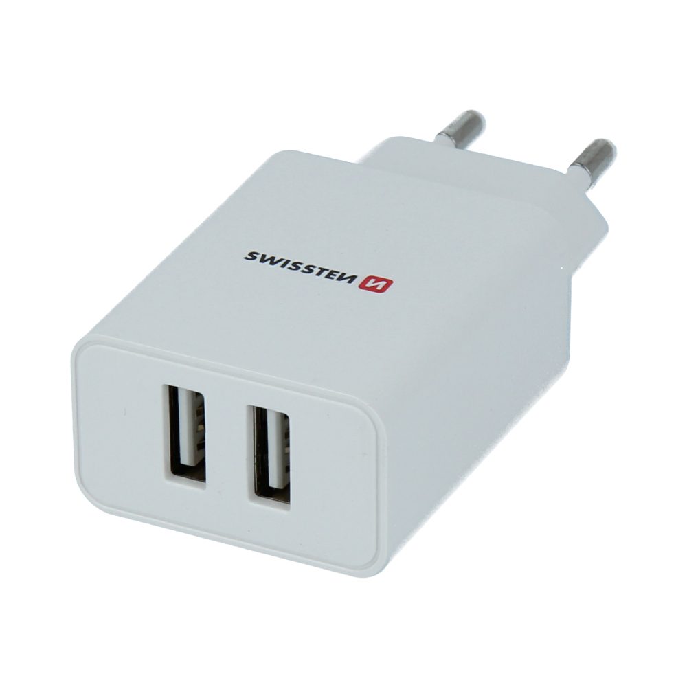 Swissten Sieťový Adaptér Smart IC 2x USB, 2,1 A Power, Biely + Kábel USB-C 1,2 M