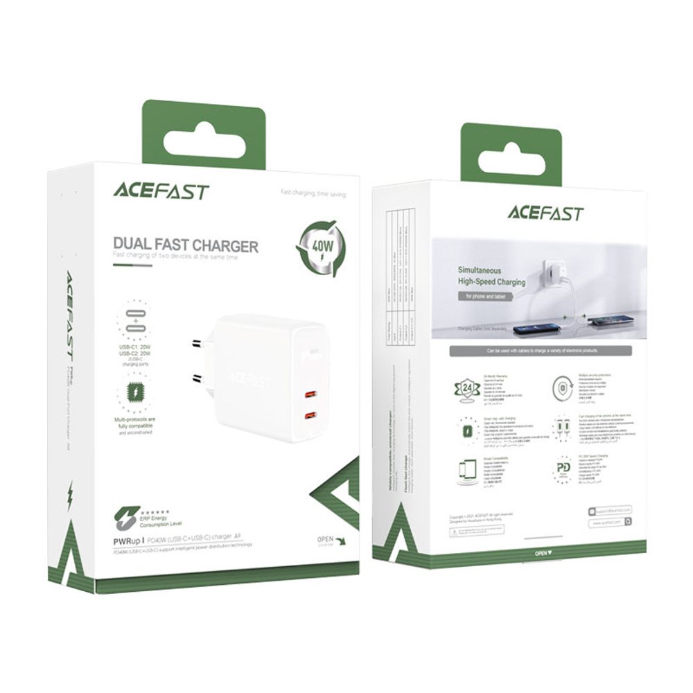 Acefast Adapter 2x USB-C 40W, PPS, PD, QC 3.0, AFC, FCP, Bel (A9 Bel)