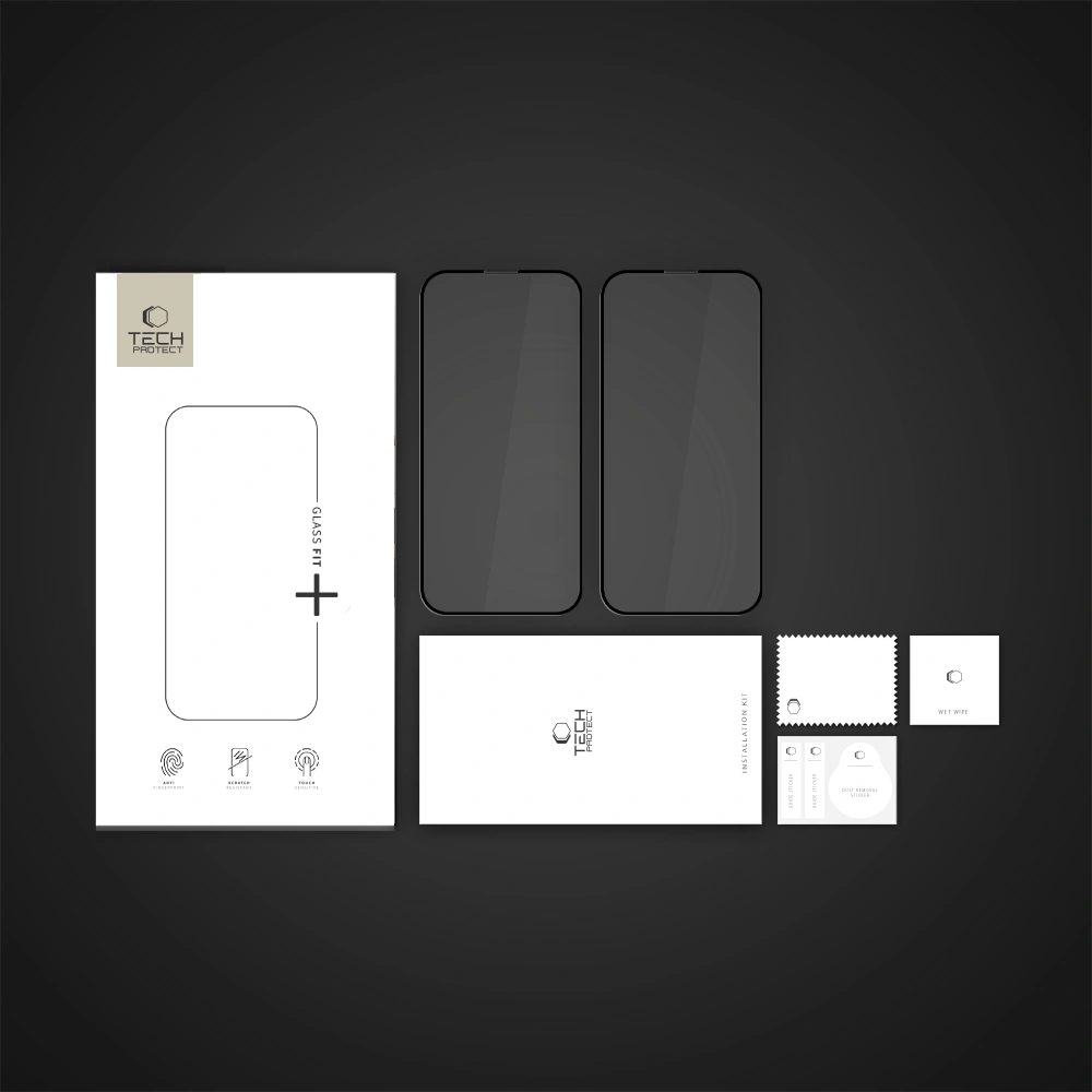 Tech-Protect Tvrdené sklo Fit+ iPhone 13 / 13 Pro / 14 / 16e / 17e, čierne, 2 kusy