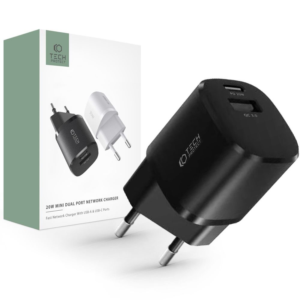 Tech-Protect C20W Mini Adaptor, 2 Porturi, PD20W / QC3.0, Negru