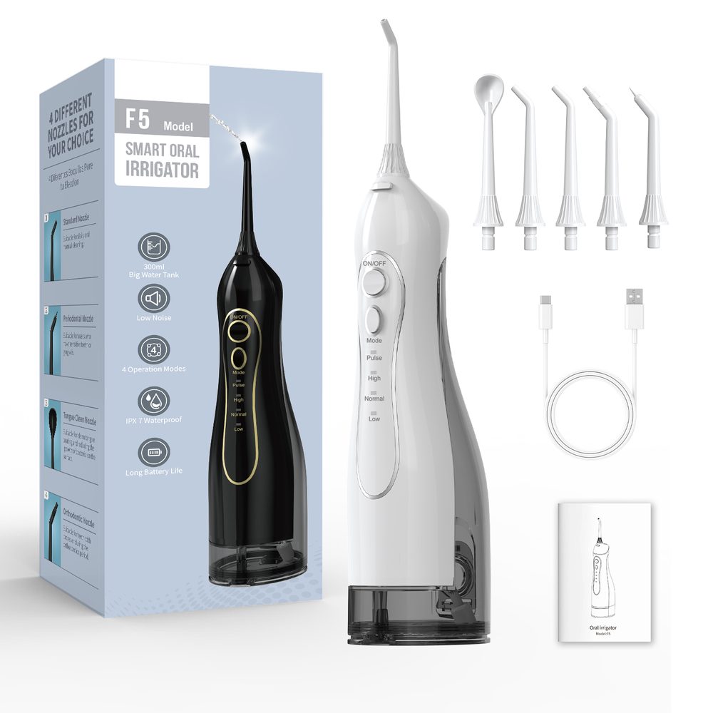 Bezdrátová ústní sprcha se sadou hlavic, 4 režimy, 300 ml nádrž, USB-C, bílá