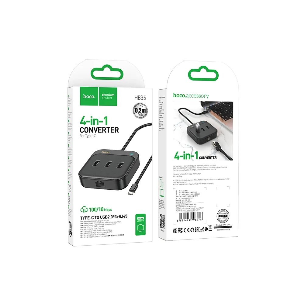 Hoco HUB 4u1 USB-C Na 3x USB2.0 + RJ45 Adapter, 100 Mbps Ethernet, 0,2 M, Crni (HB35)
