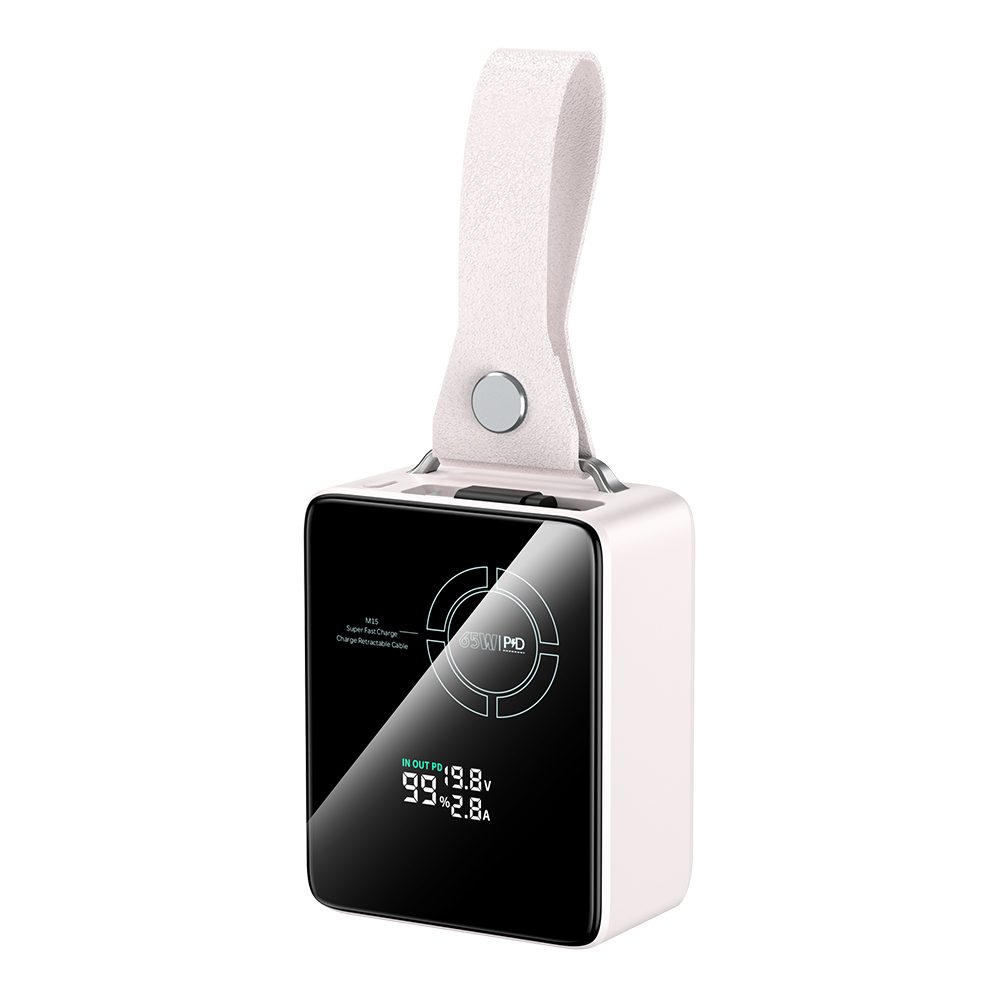 Levně Powerbanka pro notebooky 65W PD s výsuvným USB-C kabelem a digitálním displejem, 20000 mAh, růžová