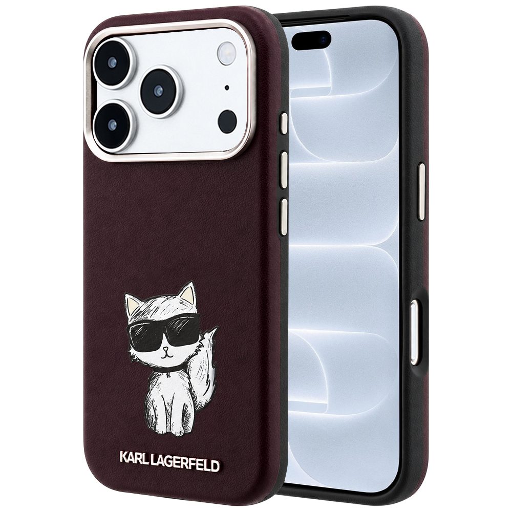 Karl Lagerfeld Smooth Leather Choupette Sketch MagSafe zaštitna maska, iPhone 17 Pro / 18 Pro, bordo
