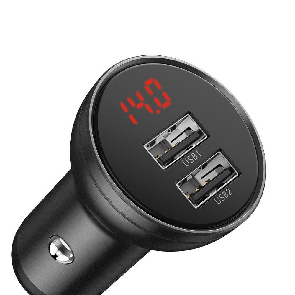 Încărcător Auto Baseus, Cu Afișaj Digital, 2x USB 4,8A, 24W, Gri