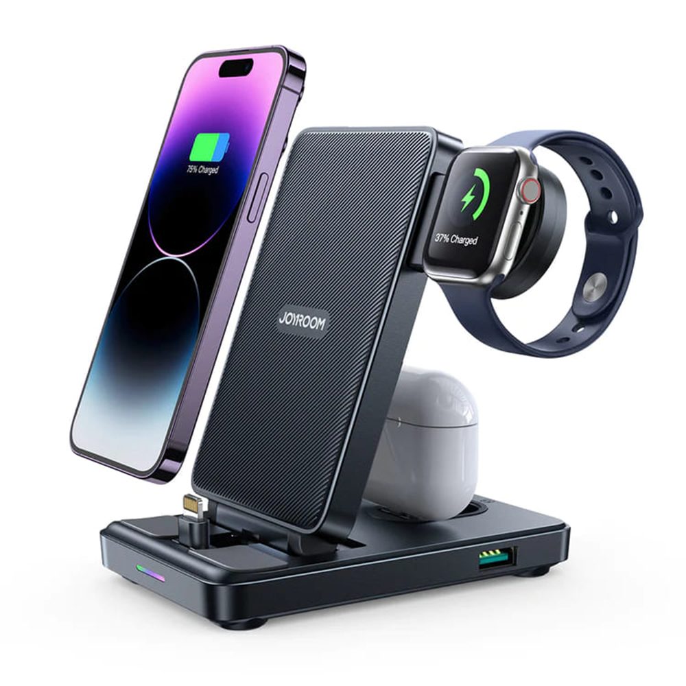 Joyroom JR-WQS02 Bezdrátová nabíjecí skládací nabíječka 4v1 pro iPhone, AirPods, iWatch, Lightning, černá