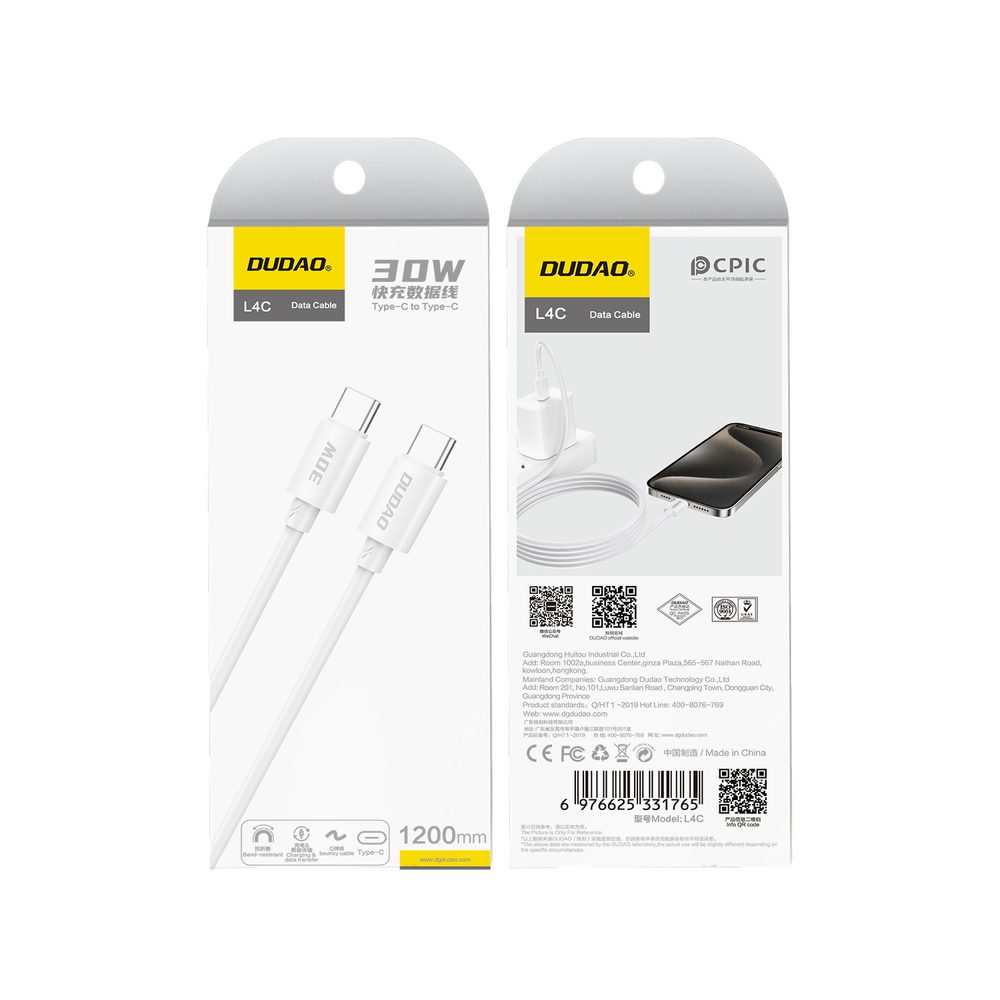 Dudao L4C kábel USB-C - USB-C, 30W, 1,2 m, biely