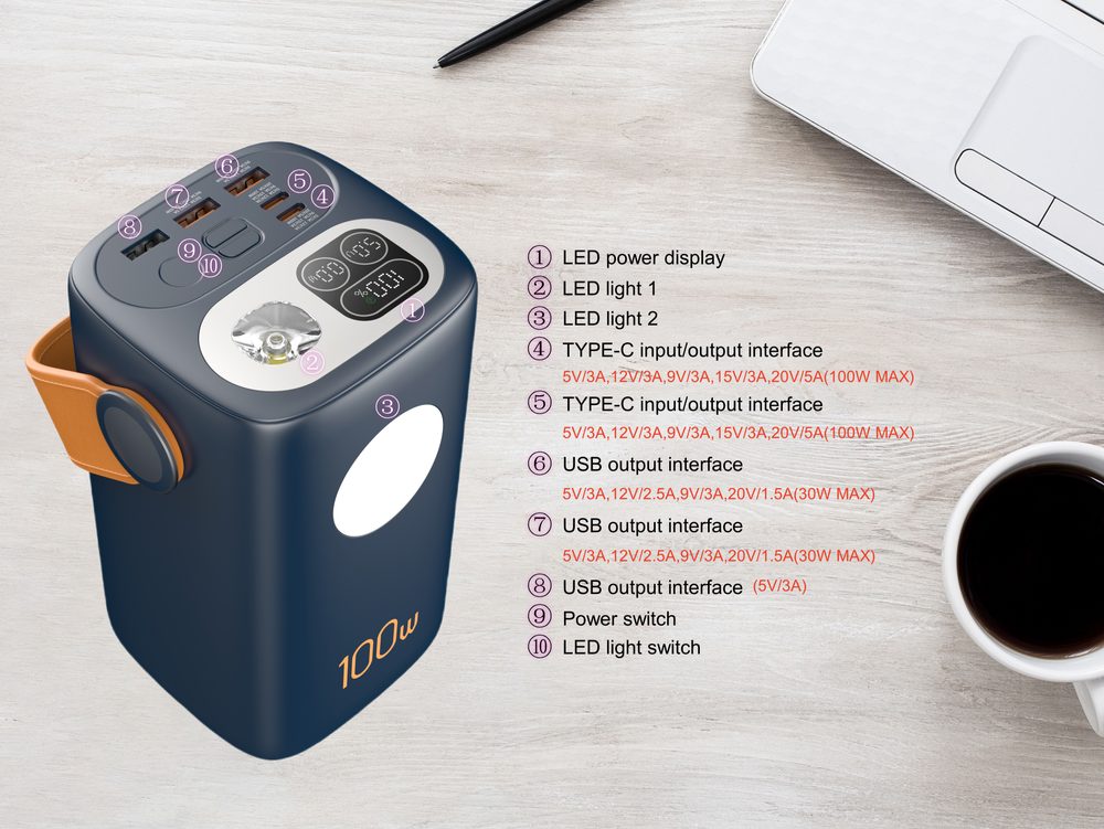Powerbanka pre notebooky a outdoor 60 000 mAh, 100W + 30W PD, silné LED svetlo, biela