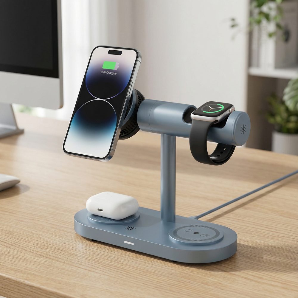 Qi2.2 MagSafe Nabíjecí stanice 5v1 s aktivním chlazením, 25 W a 360° rotací pro iPhone, Apple Watch, AirPods, Android, modrá