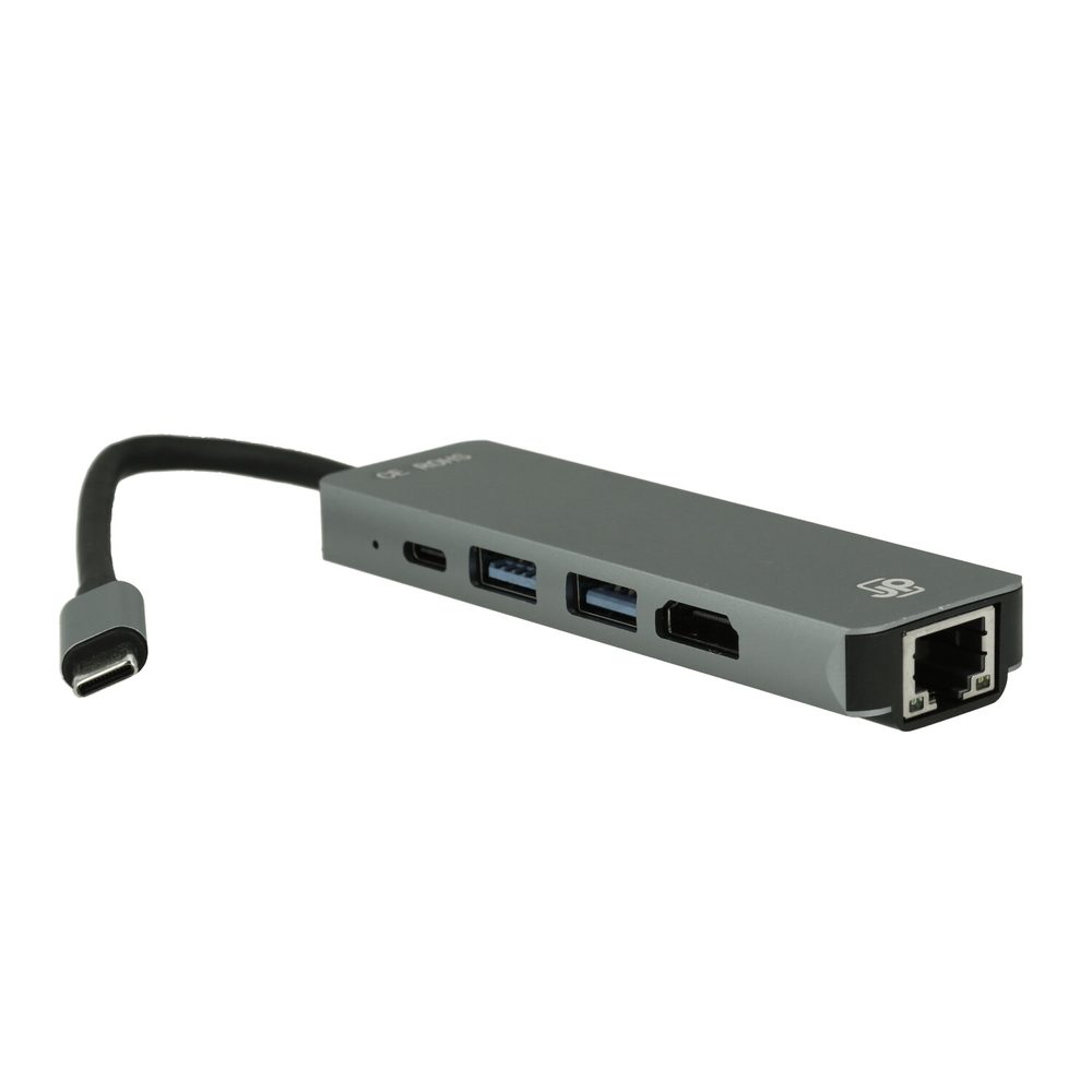 JP Hub 5v1, USB-C na HDMI / 2x USB 3.0 / USB-C PD / LAN, sivý