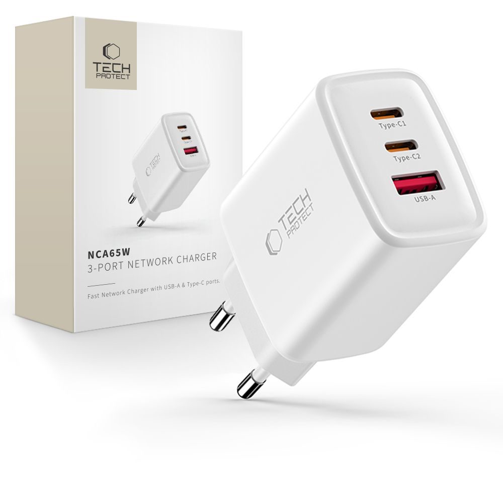 Levně Tech-Protect NCA65W-GAN 3-portová nabíječka PD 65W / QC3.0, bílá