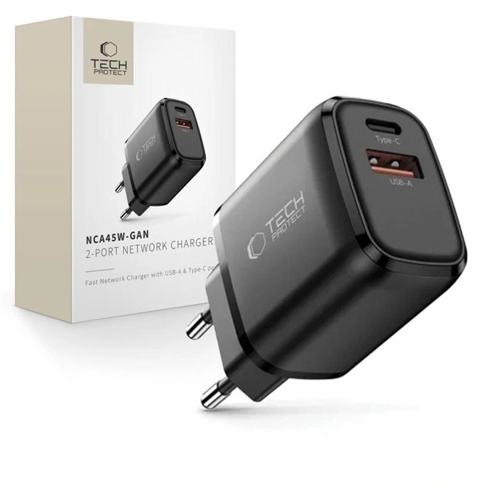 Levně Tech-Protect NCA45W-GAN 2-portová síťová nabíječka PD45W / QC 3.0, černá