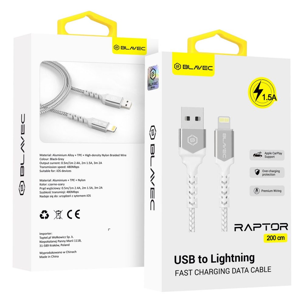 Blavec kábel USB - Lightning, 1,5 A, 2 m, bielo-strieborný