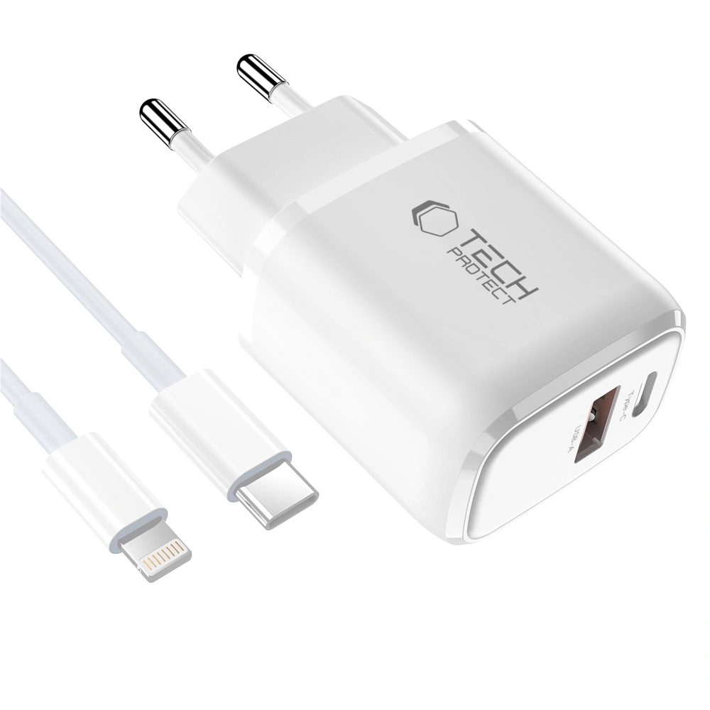 Tech-Protect NCA45W-GAN 2-portová sieťová nabíjačka PD45W / QC 3.0 + kábel lightning, biela