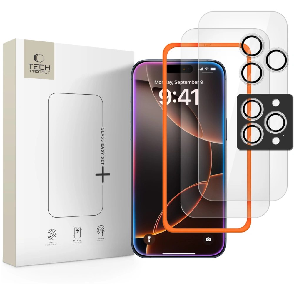 Tech-Protect Easy Set+, 2 tvrdené sklá + sklo na objektív, iPhone 16 Pro Max / 17 Pro Max