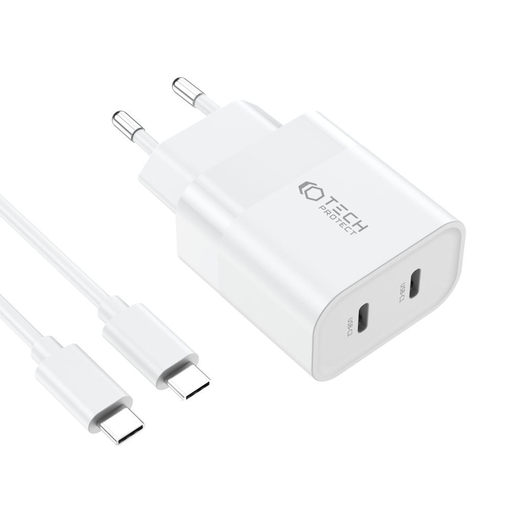 Tech-Protect C20W 2 Portos PD20W 2 Portos Hálózati Töltő + USB-C Kábel, Fehér