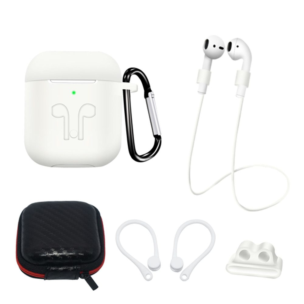 Silicone Case Sada Pro AirPods 1/2 S Pouzdrem, Háčkem Na Ucho, řemínkem Na Krk, Držákem řemínku Hodinek A Karabinou, Bílá