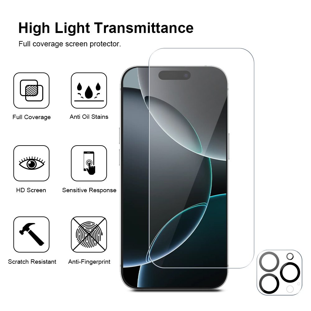 JP Mega Pack Tvrdených skiel, 3 sklá na telefón s aplikátorom + 2 sklá na šošovku, iPhone 16 Pro