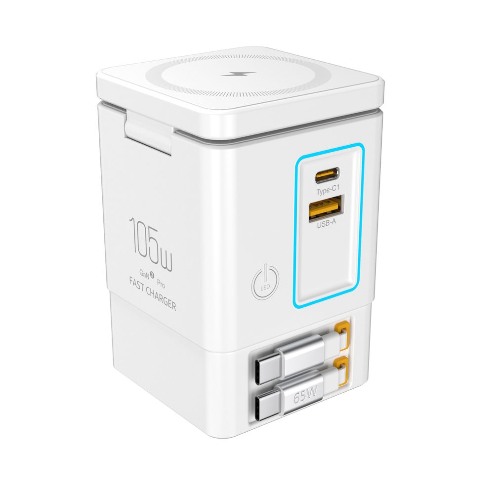 PowerCombo Tower 6az1-ben GaN3 Pro vezeték nélküli töltőállomás, 105W, fehér