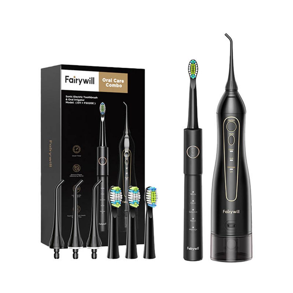 FairyWill FW-5020E + FW-E11 periuță de dinți sonică cu set de capete și irigator oral, negru