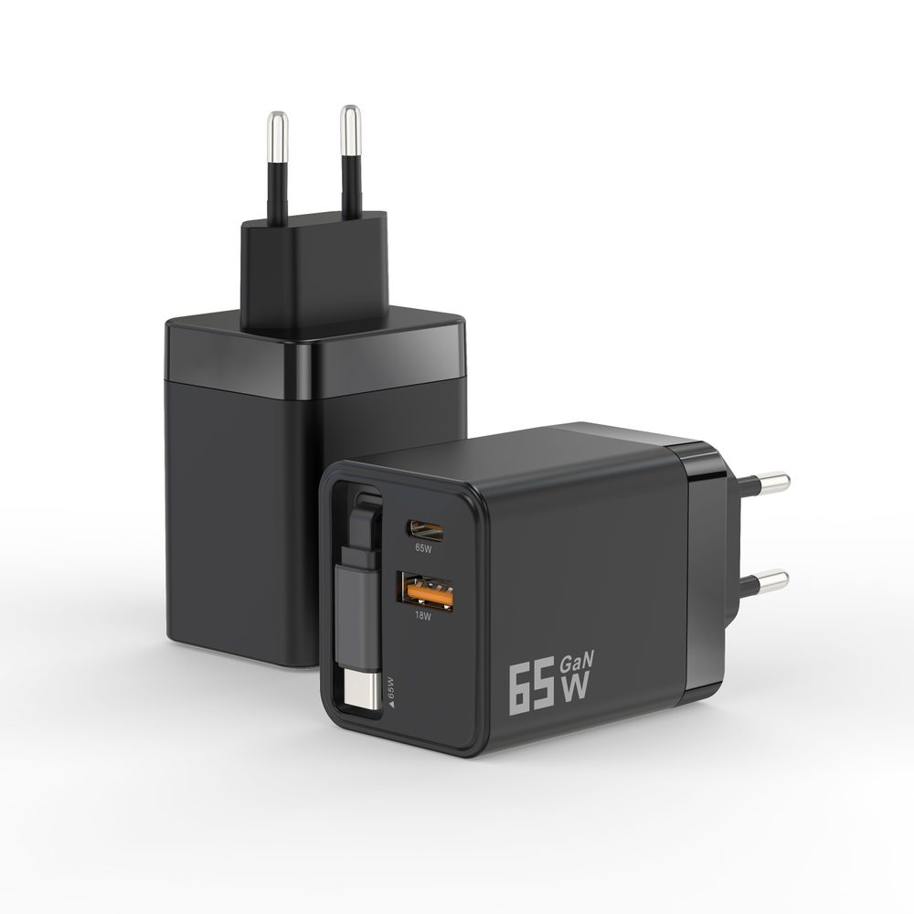 65W GaN nabíjačka s USB-A a USB-C, výsuvným káblom USB-C a rýchlym nabíjaním, QC3.0, PD 3.0, čierna