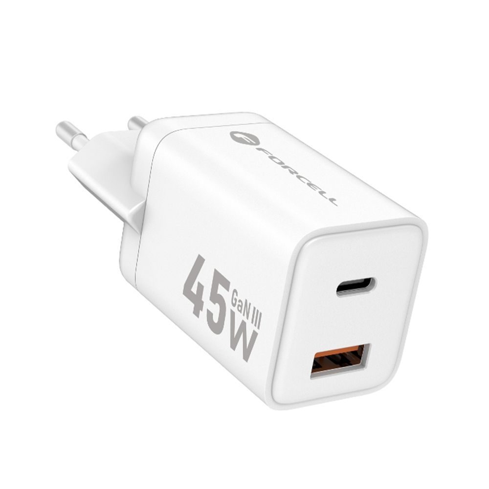 Levně Forcell F-Energy adaptér Mini GaN III, USB-C + USB-A, PD, QC4.0, 45W, bílý