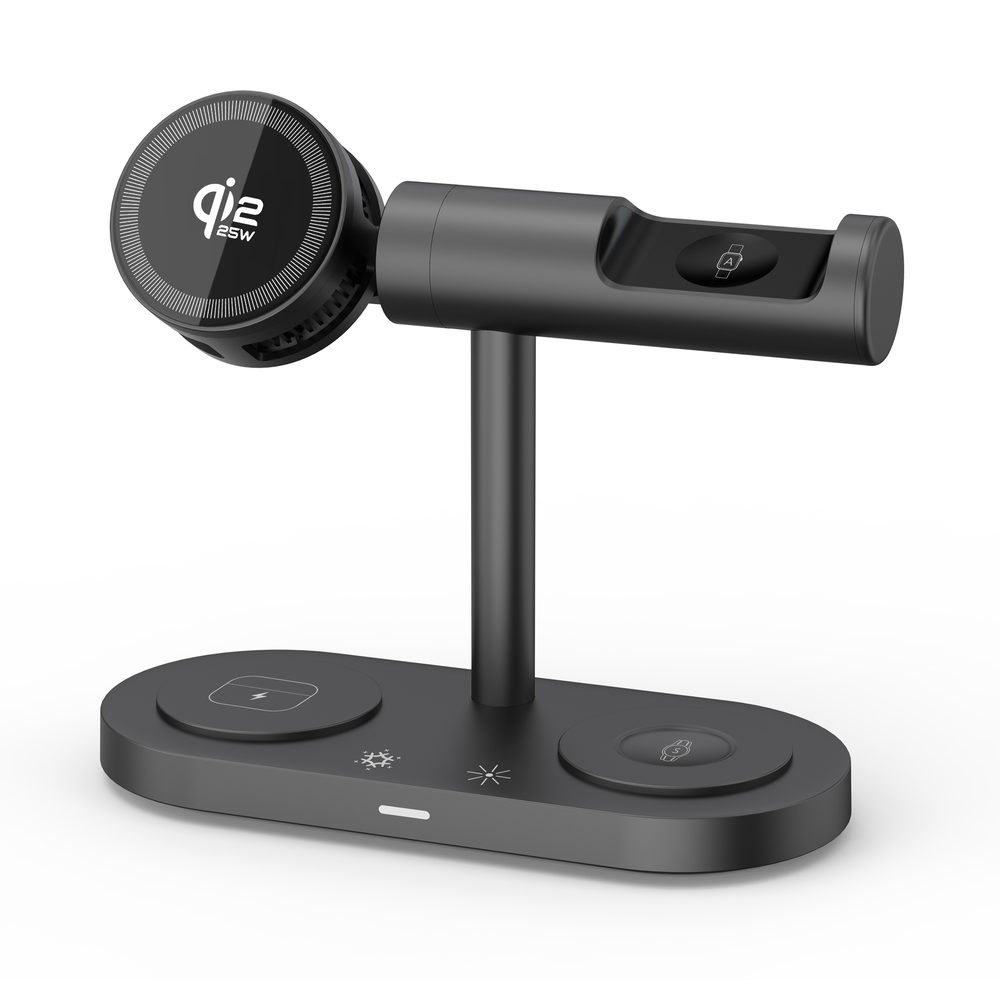 Qi2.2 MagSafe Töltőállomás 5az1-ben aktív hűtéssel, 25 W és 360° forgatással iPhone, Apple Watch, AirPods készülékekhez, fekete