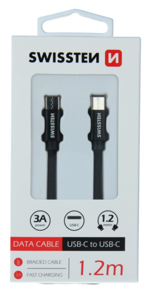 Swissten Adatkábel Textil, USB-C / USB-C, 1,2m, Fekete