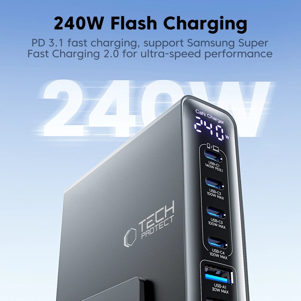 Tech-Protect DC240W-GAN 6-portová nabíjačka PD 240 W / QC3.0, čierna