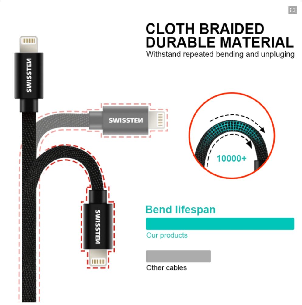 Dátový Kábel Swissten Textilný, USB-C / Lightning, 1,2 M, Strieborný